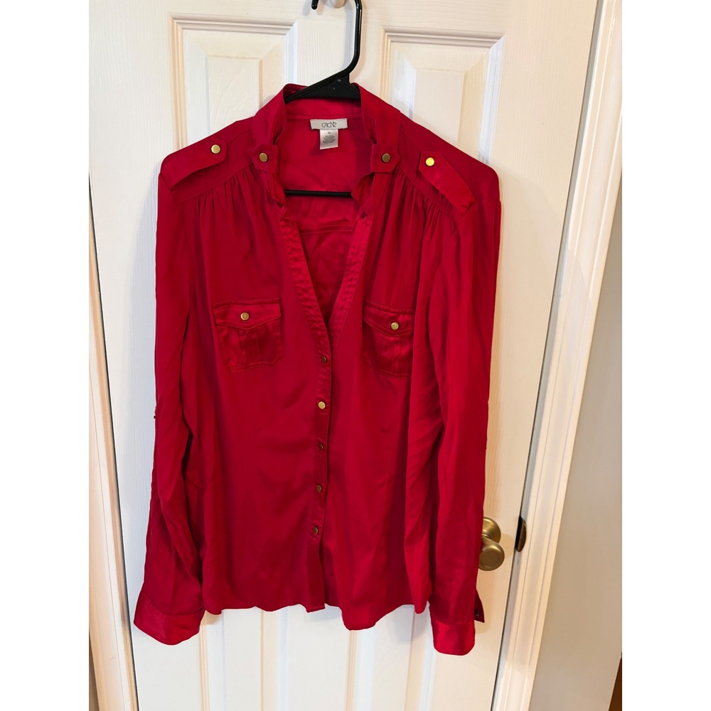 Cache Blouse Women XL Red Silk Blend Military Epaulette Button Front Utility